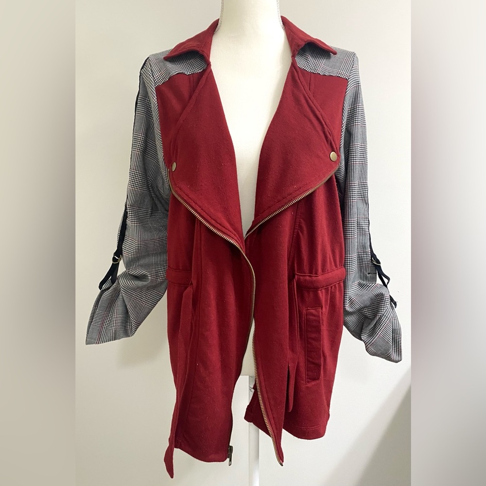 Tru Self Womens L Burgundy Black Herringbone Jacket Whimsigoth Y2K Streetwear - Picture 2 of 16